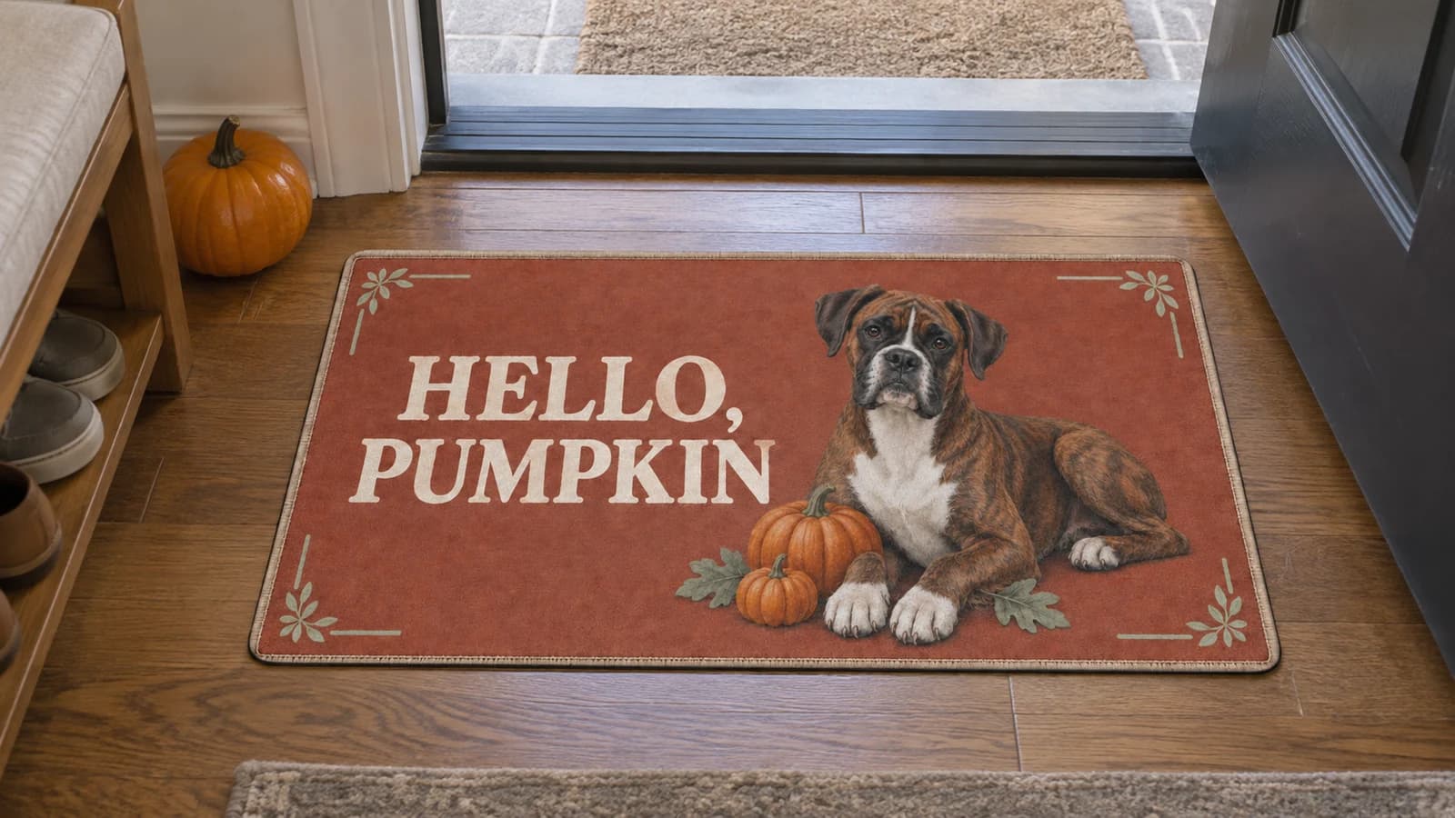 Pumpkin Patch mat on the entryway floor inside the front door