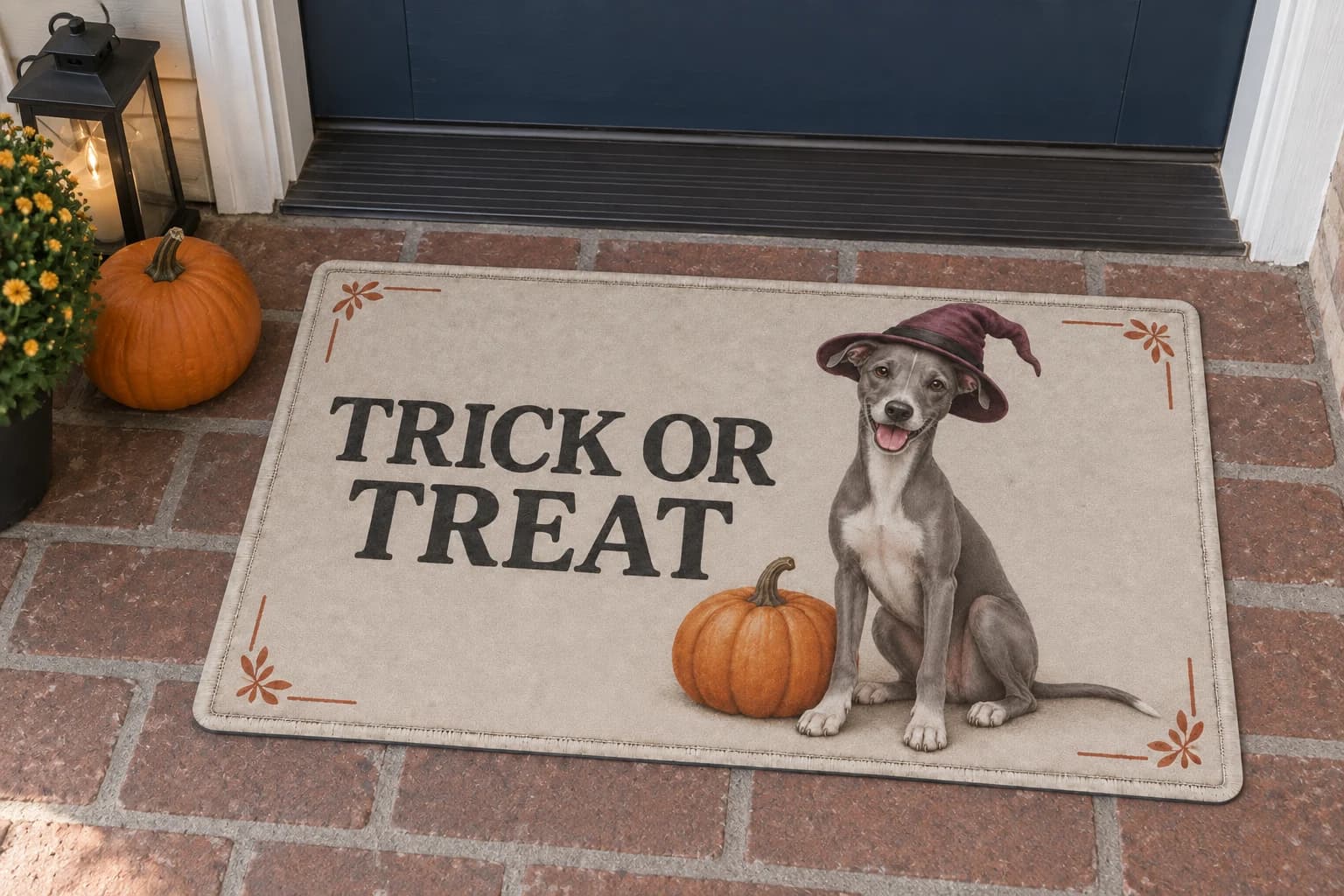 Pumpkin Spell mat outside a covered front door
