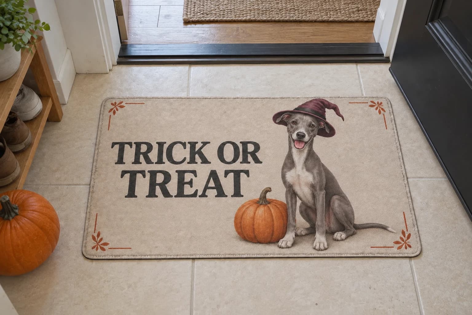 Pumpkin Spell mat on the entryway floor inside the front door