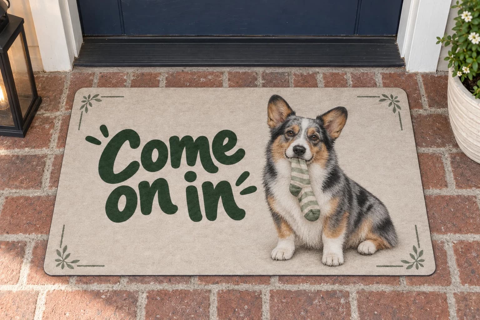 The Missing Sock Bureau mat outside a covered front door