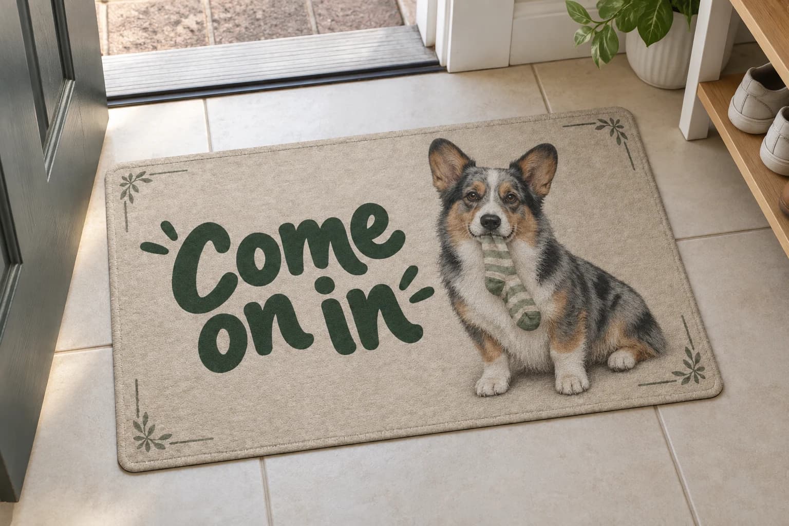 The Missing Sock Bureau mat on the entryway floor inside the front door