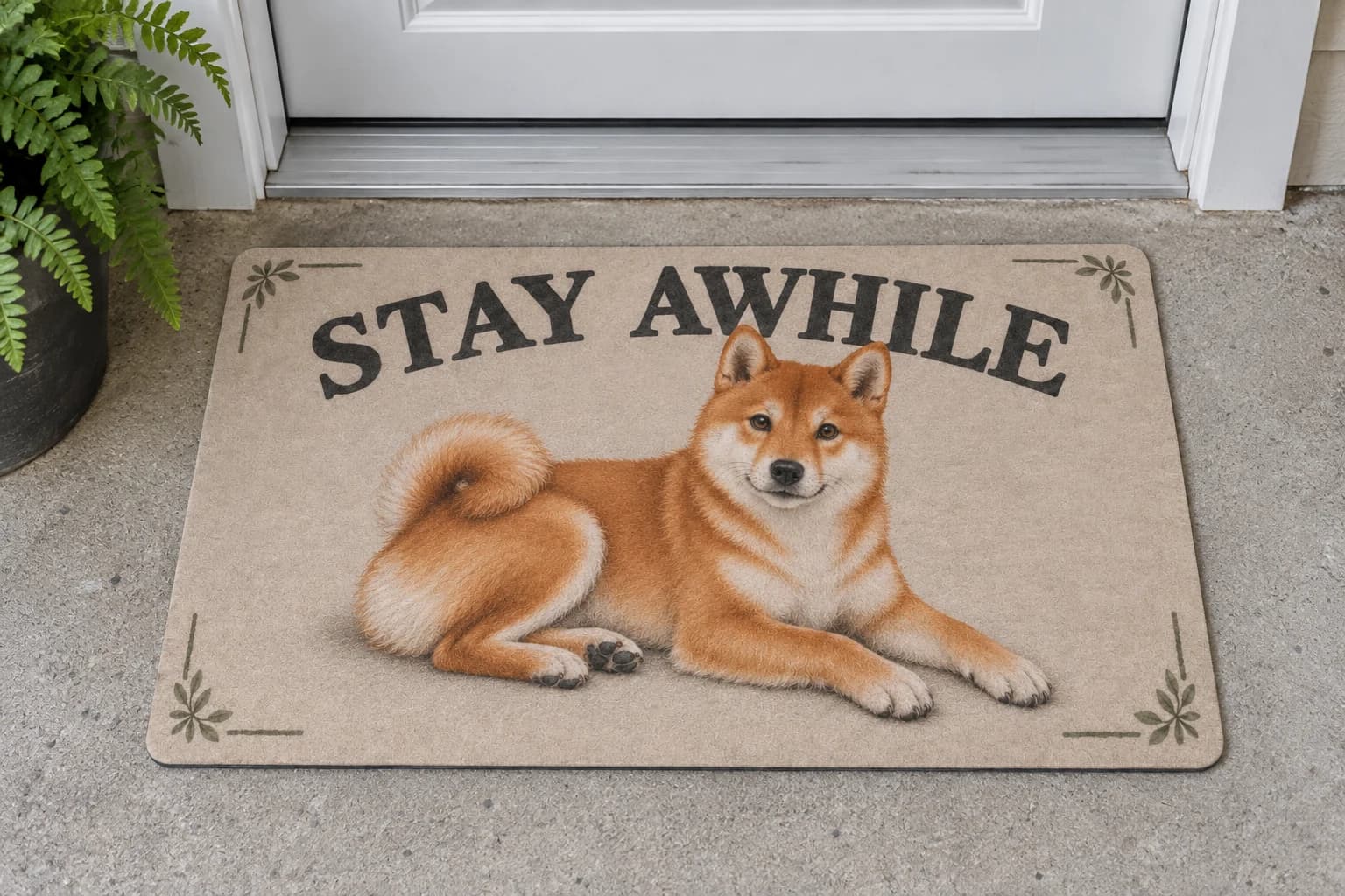 Stay Awhile mat outside a covered front door