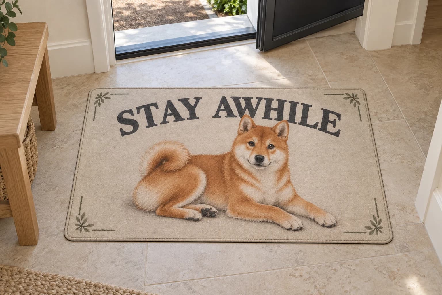 Stay Awhile mat on the entryway floor inside the front door