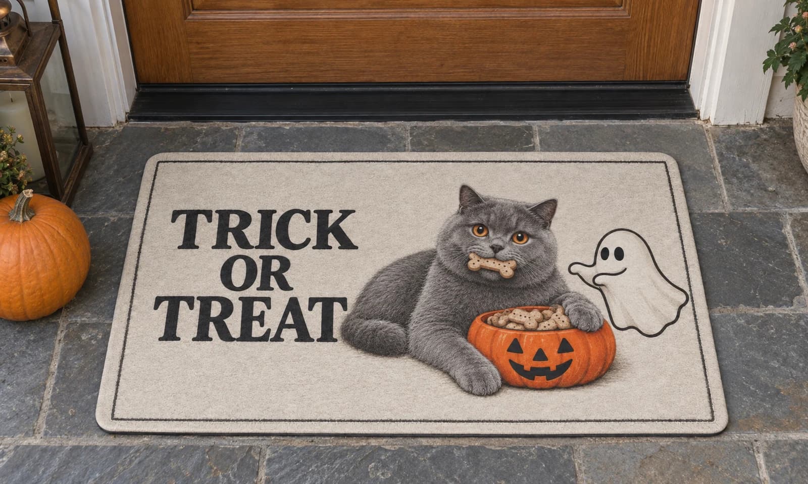 Trick or Treat mat outside a covered front door