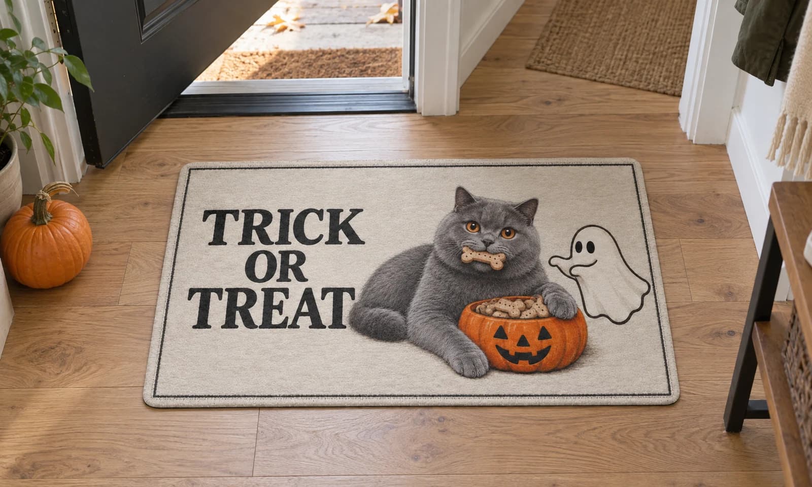 Trick or Treat mat on the entryway floor inside the front door