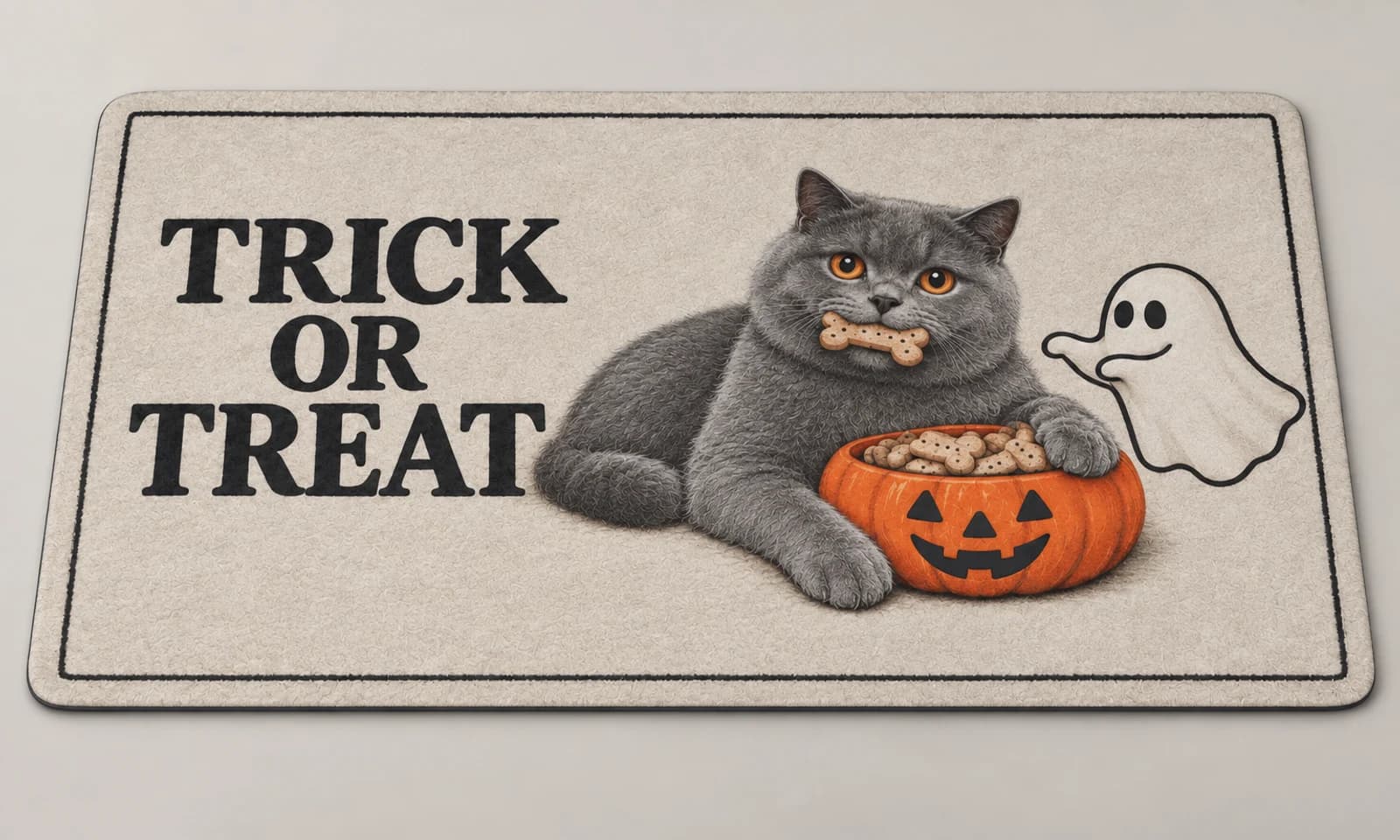 Trick or Treat mat photographed in a studio
