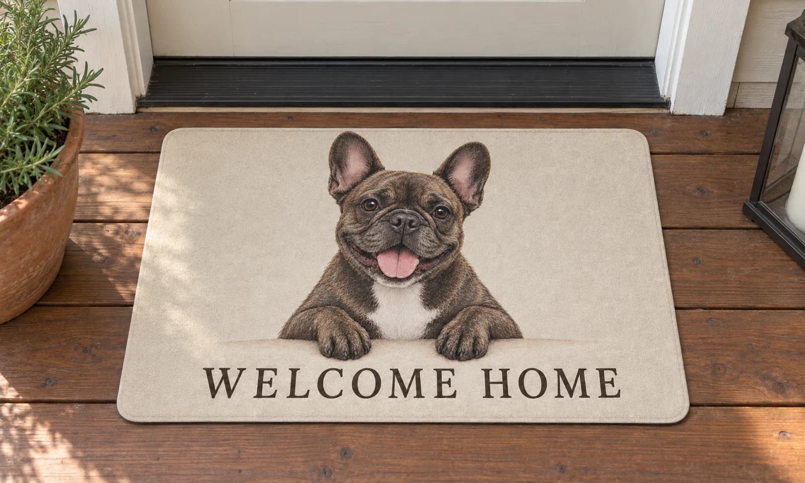 Welcome Home mat outside a covered front door