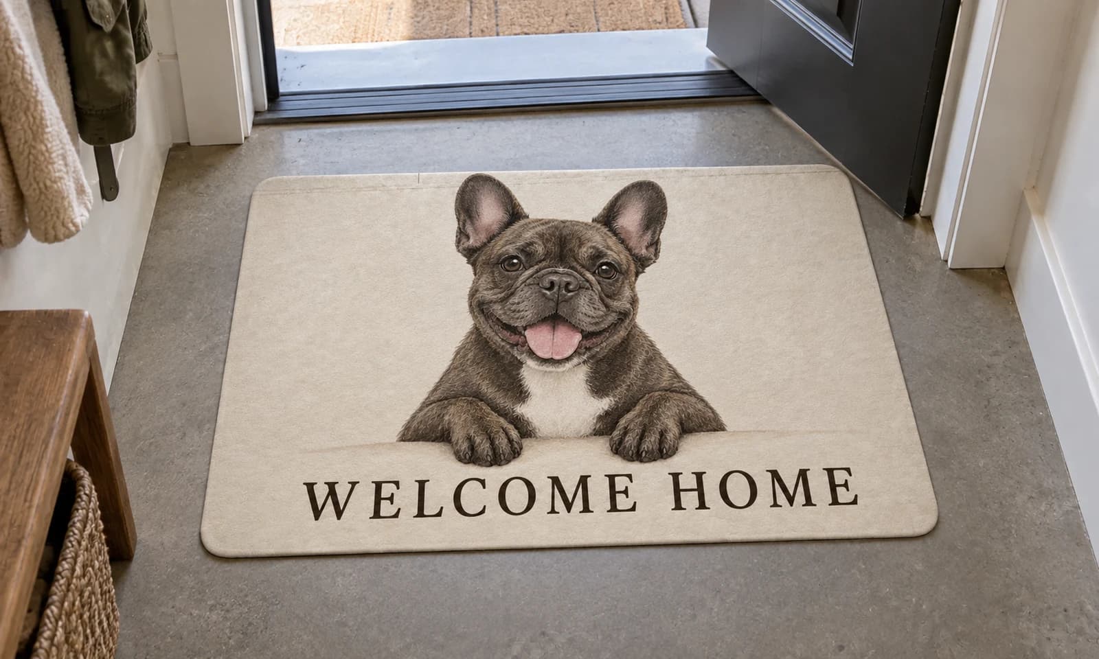 A colorful pet mat in an entryway