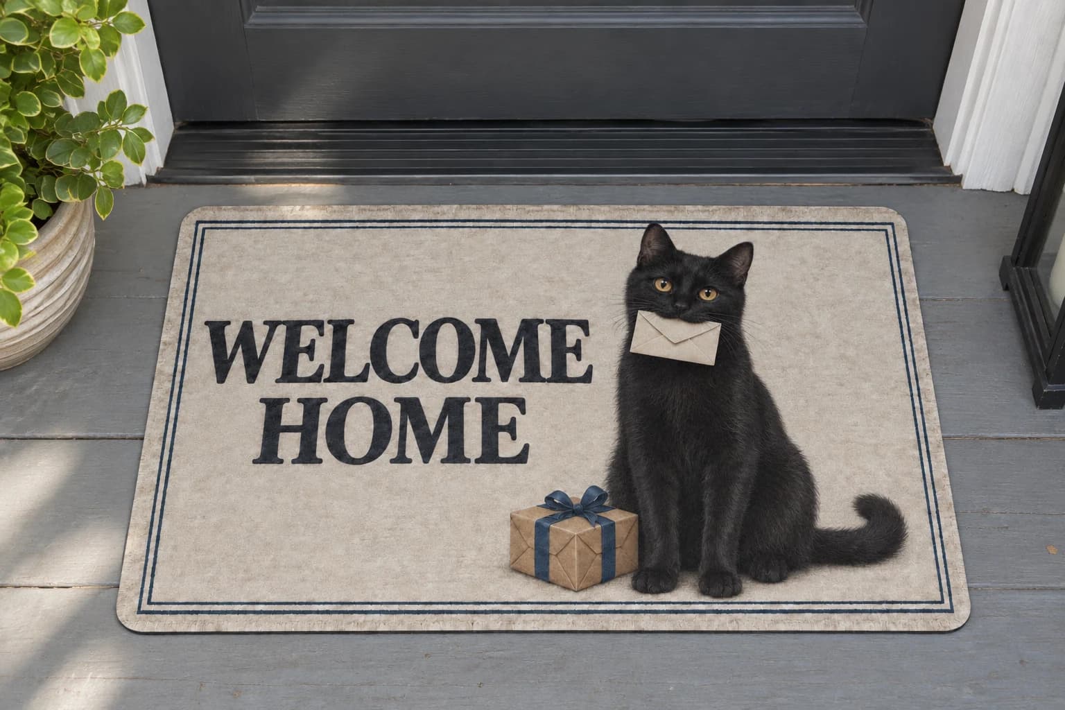 Mail Call mat outside a covered front door