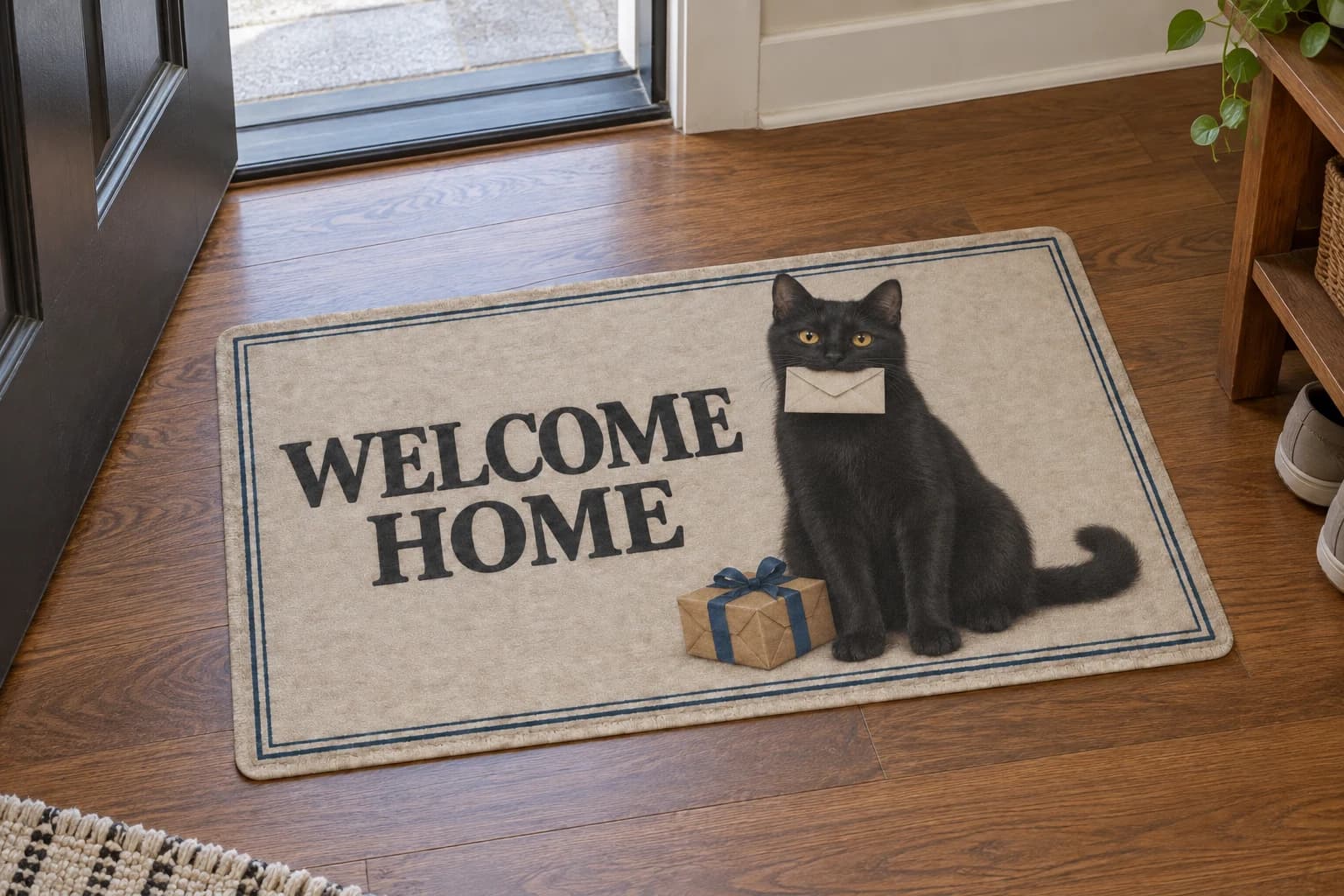 Mail Call mat on the entryway floor inside the front door