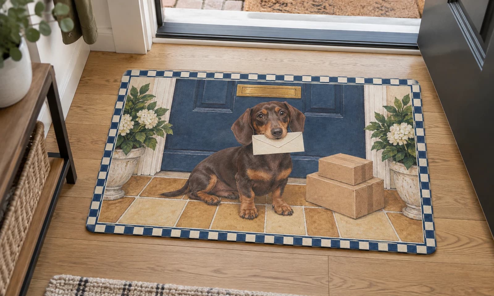 Special Delivery mat on the entryway floor inside the front door