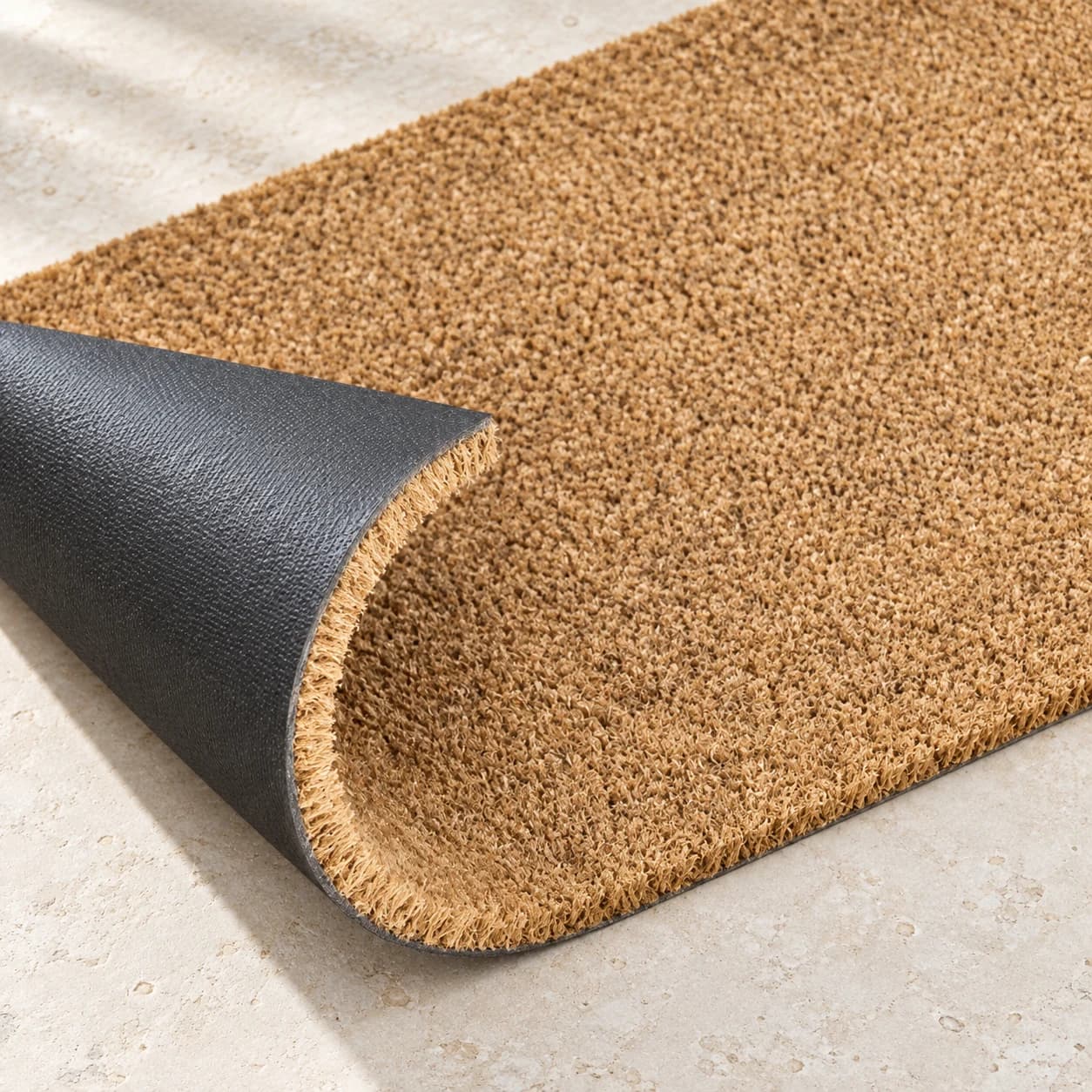 Coir mat with a curled corner showing its textured PVC backing