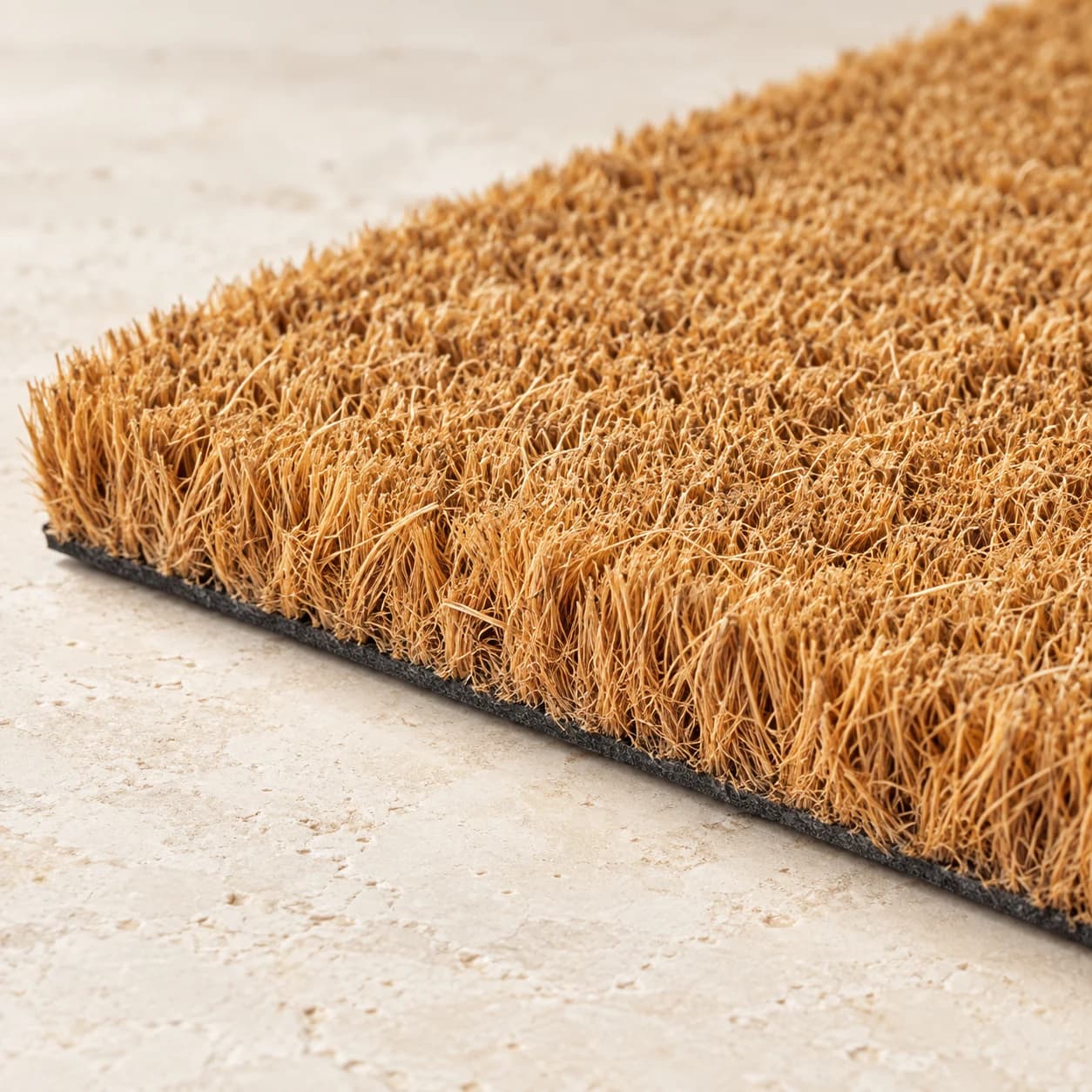 Close-up of natural coconut coir fibers and the mat's thickness