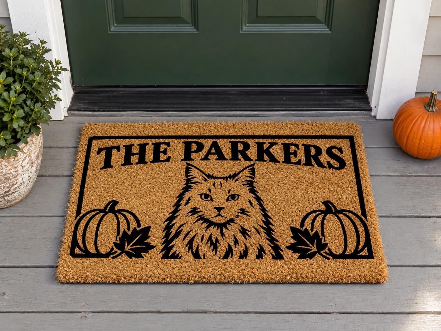 Autumn Nameplate coir mat outside a covered front door