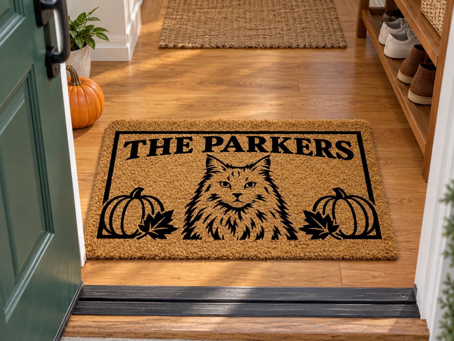 Autumn Nameplate coir mat on the entryway floor inside the front door