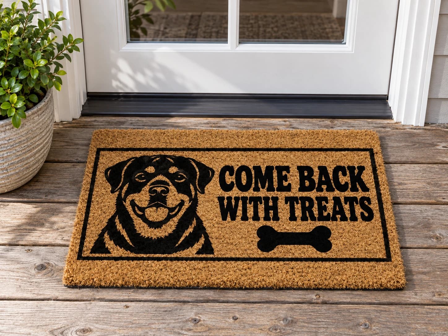 Bring Treats coir mat outside a covered front door