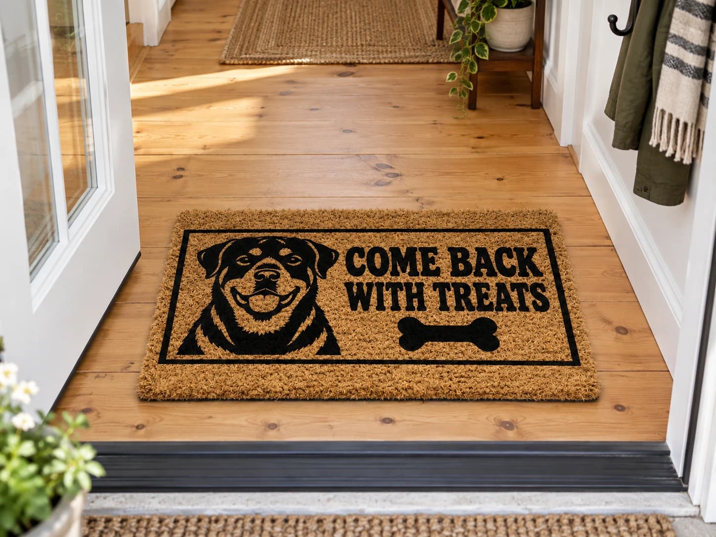 Bring Treats coir mat on the entryway floor inside the front door