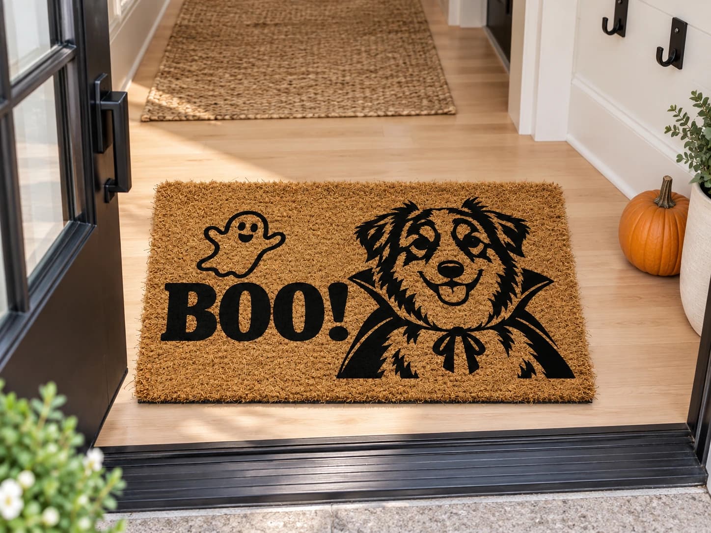 Cape & Boo coir mat on the entryway floor inside the front door
