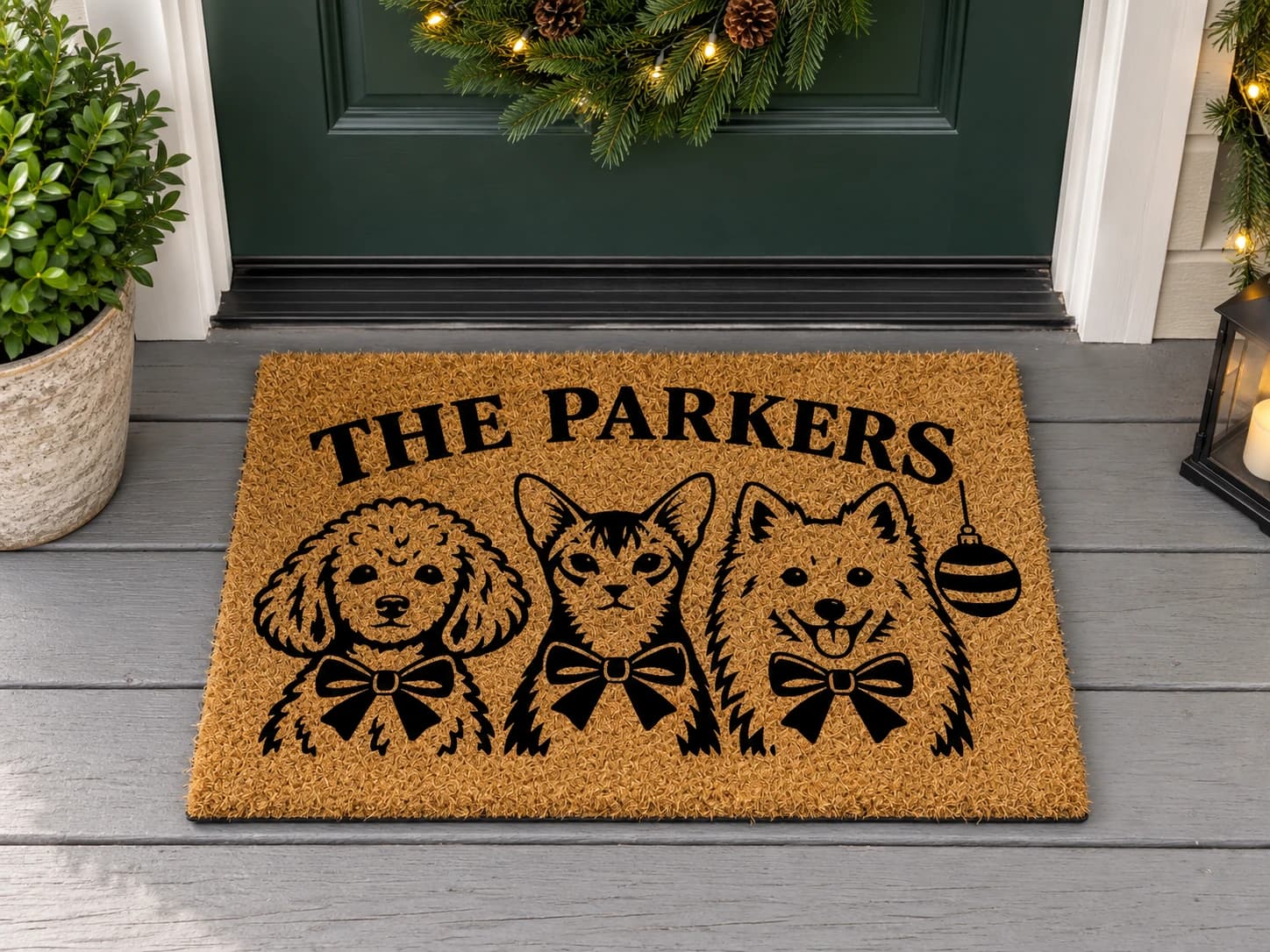 Christmas Family coir mat outside a covered front door