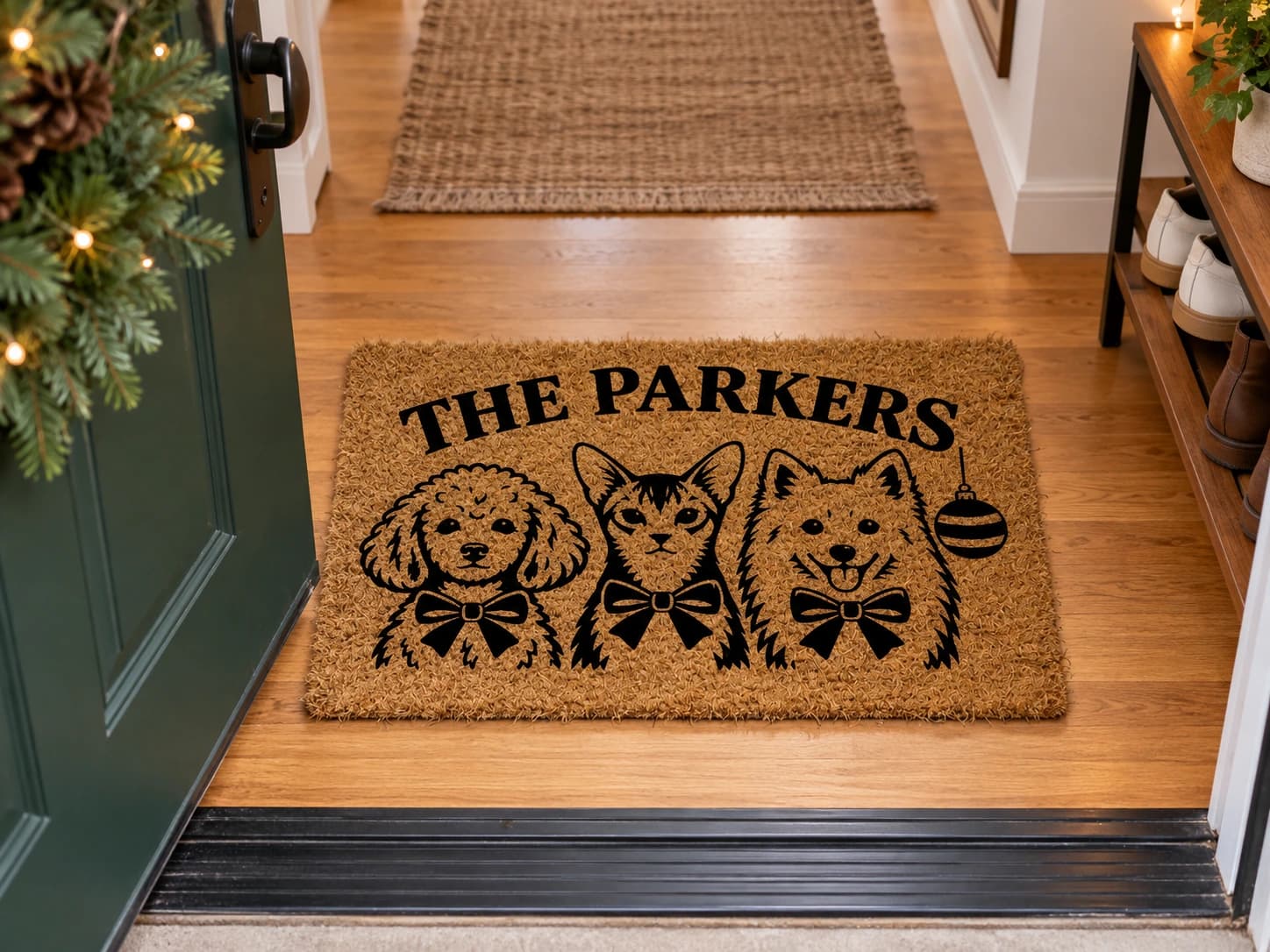 Christmas Family coir mat on the entryway floor inside the front door