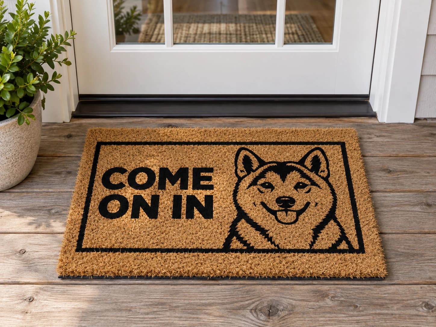 Come On In coir mat outside a covered front door