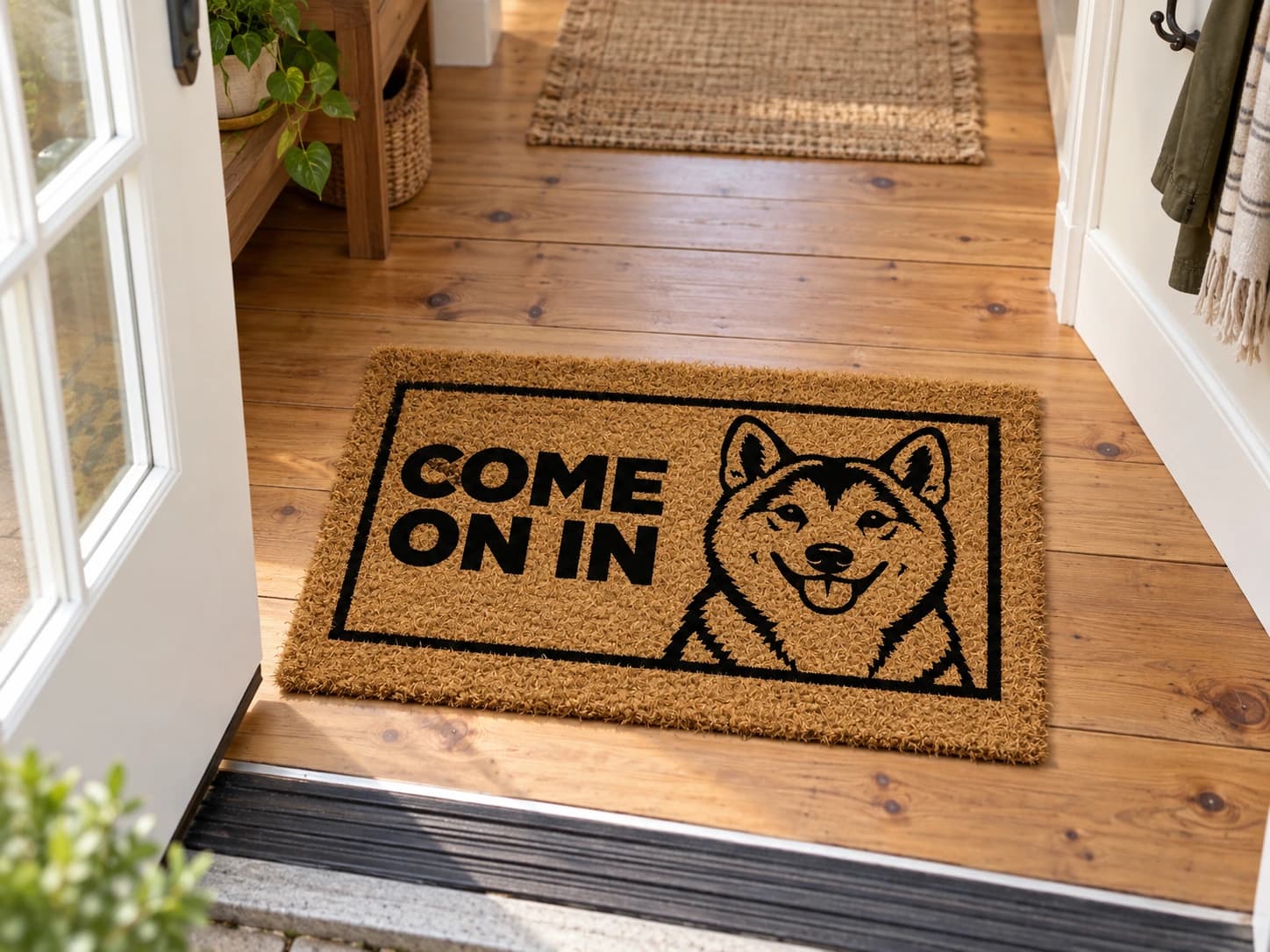 Come On In coir mat on the entryway floor inside the front door