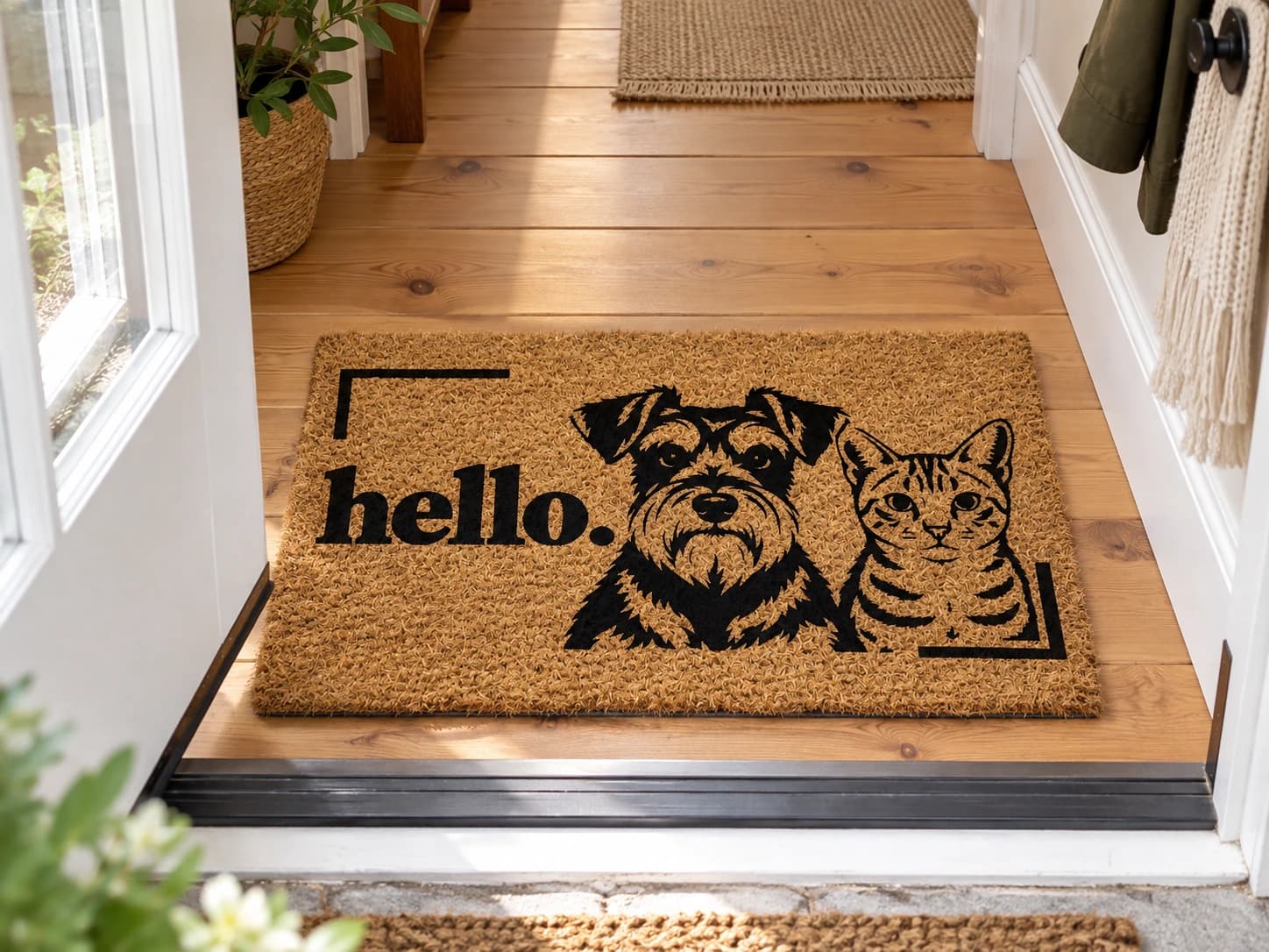 Corner Portrait coir mat on the entryway floor inside the front door