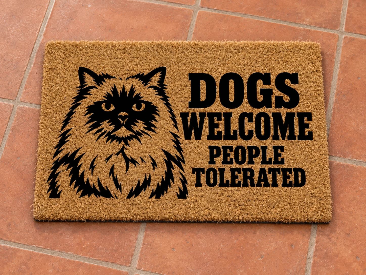 Dogs Welcome coir mat photographed in a studio