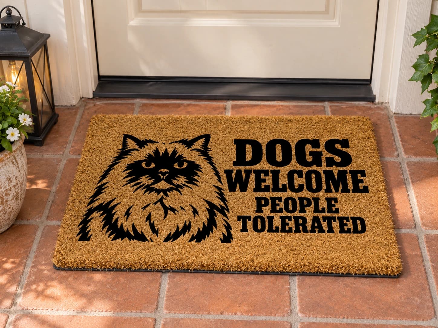 Dogs Welcome coir mat outside a covered front door