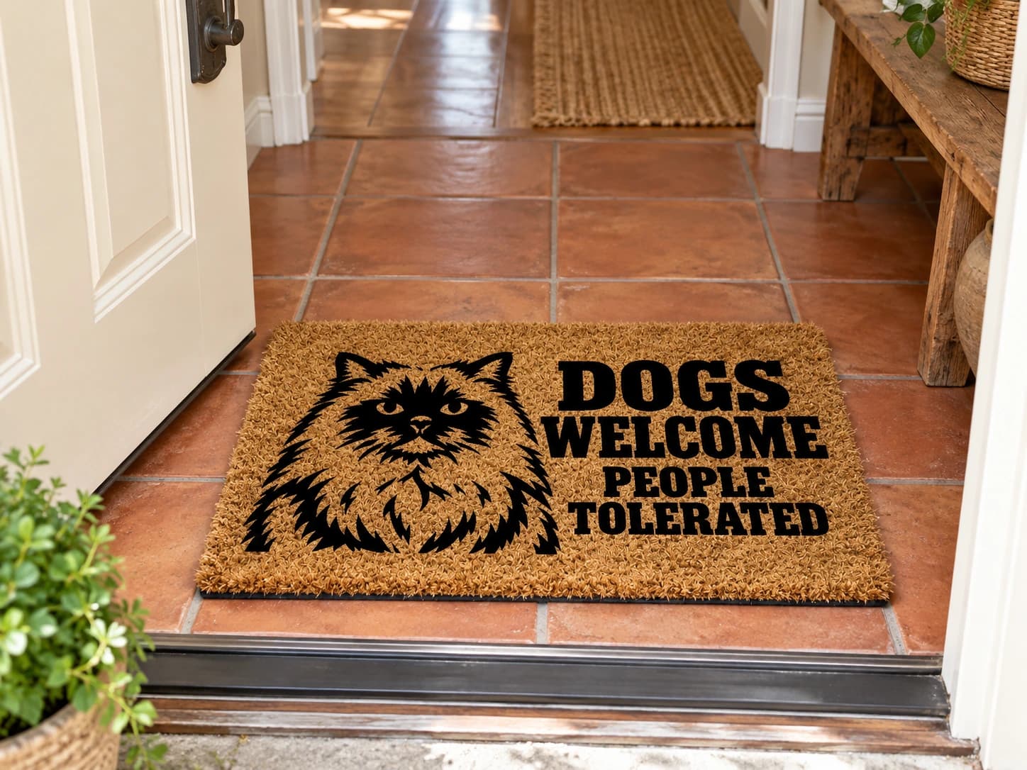 Dogs Welcome coir mat on the entryway floor inside the front door