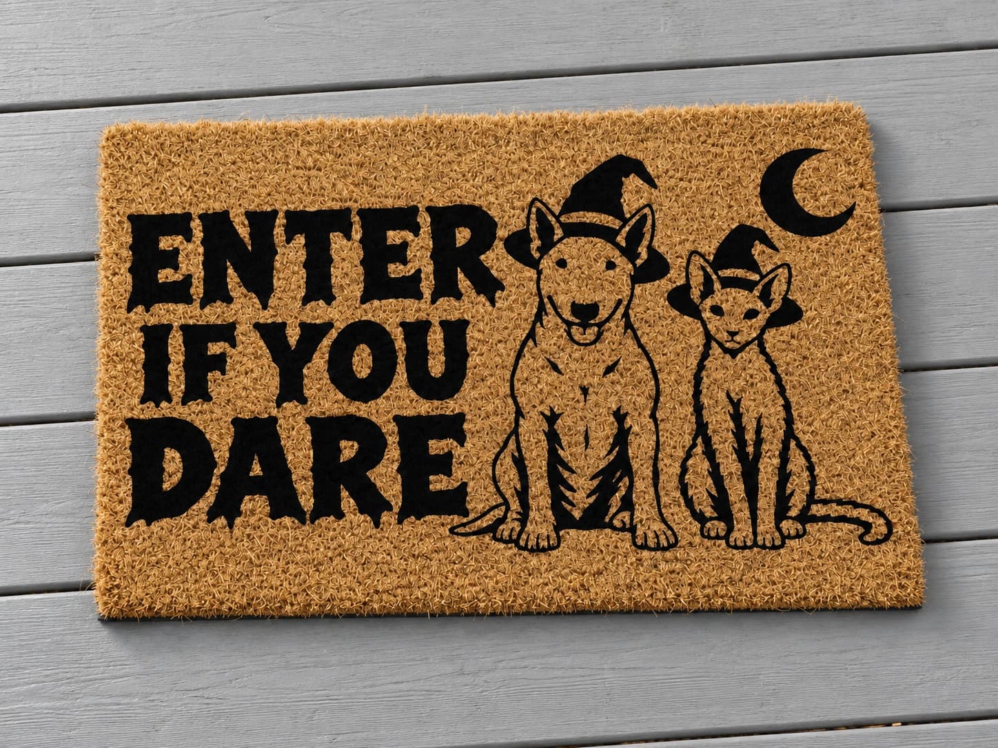 Enter If You Dare coir mat photographed in a studio