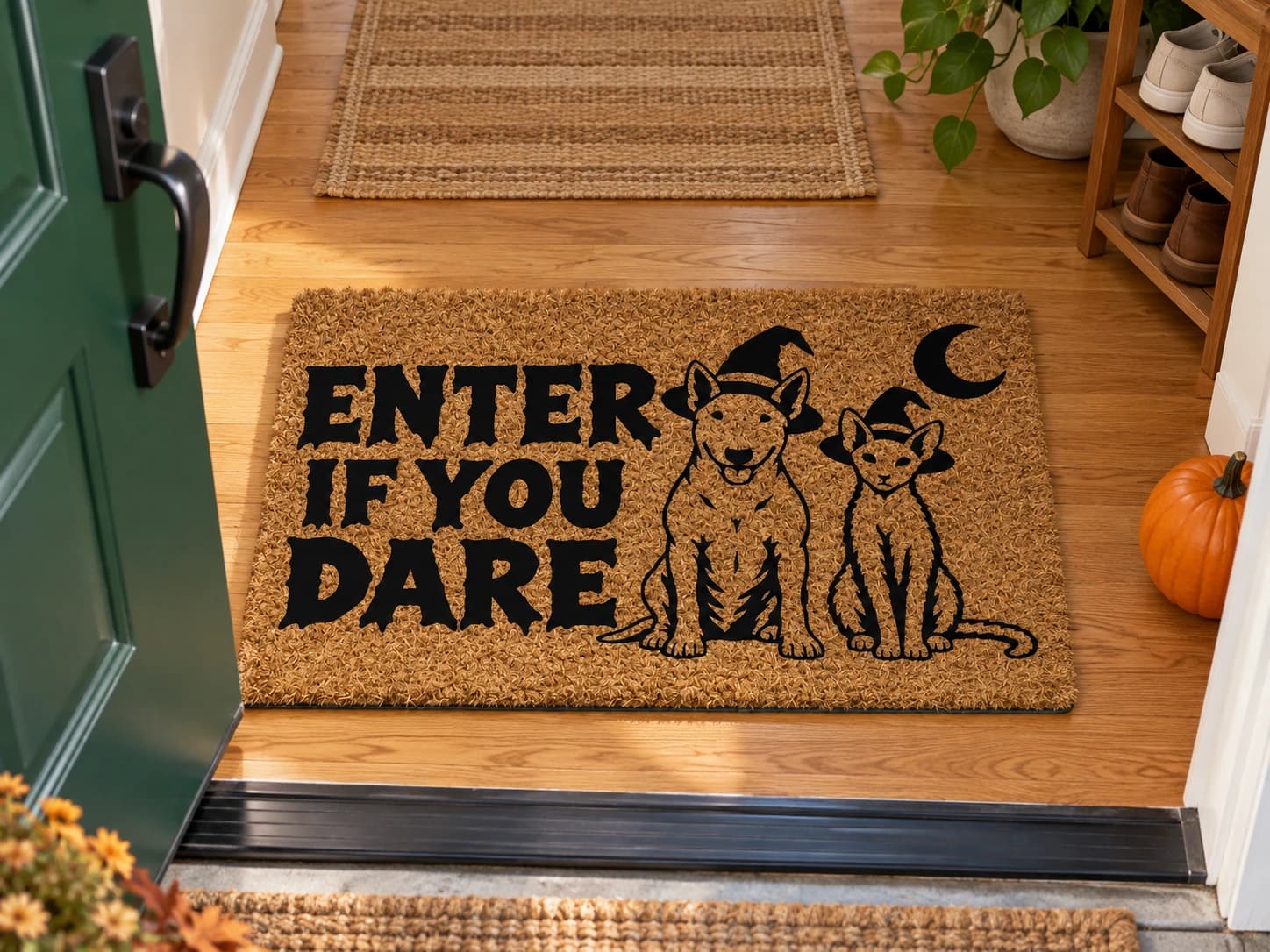 Enter If You Dare coir mat on the entryway floor inside the front door