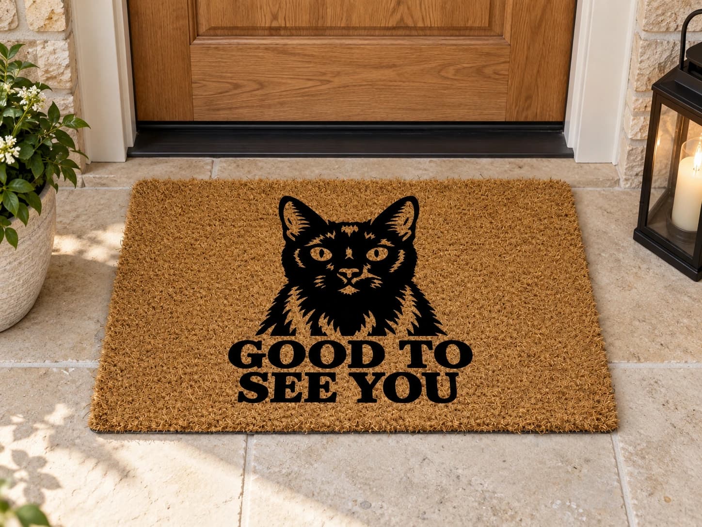 Good to See You coir mat outside a covered front door