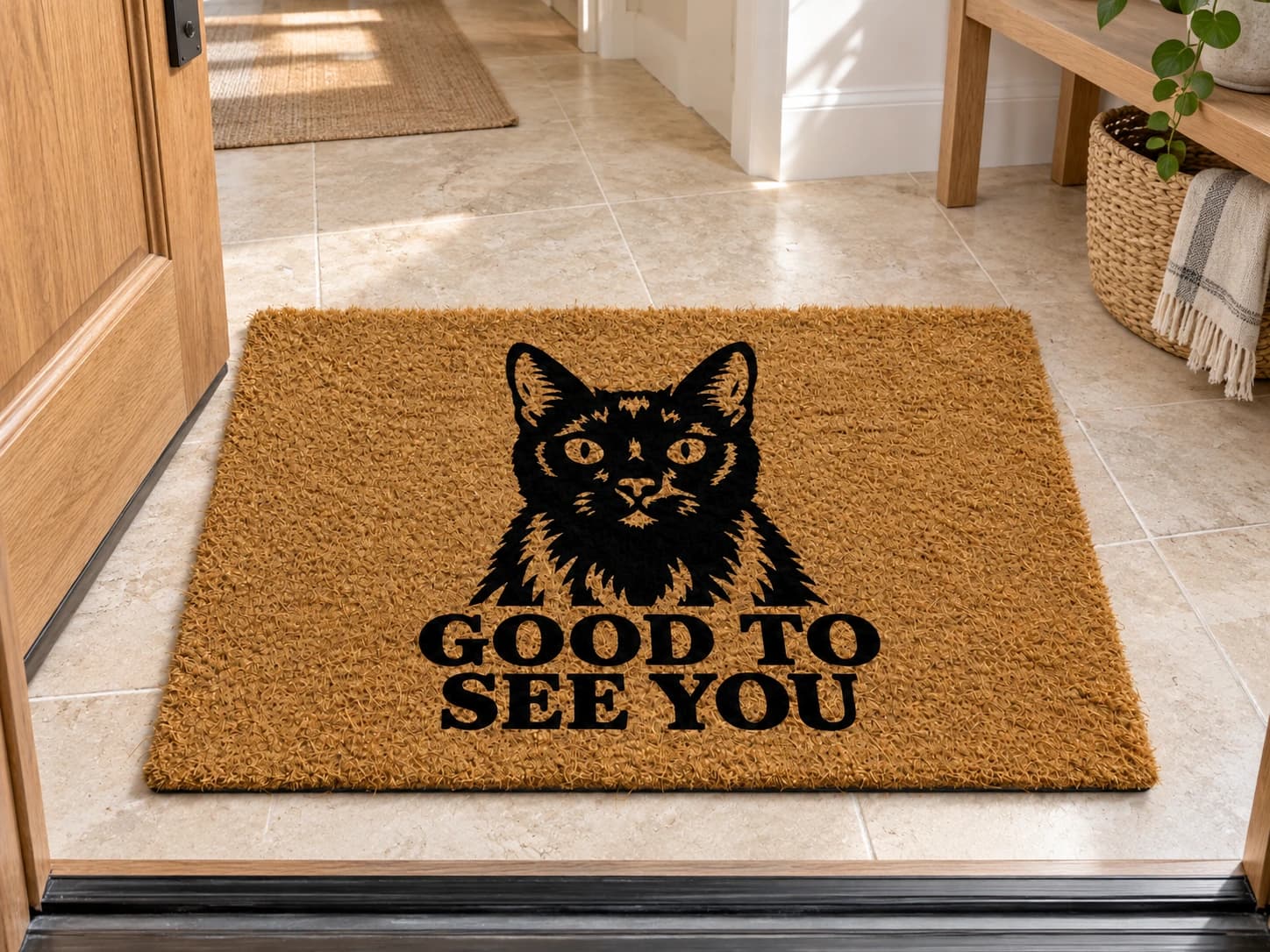 Good to See You coir mat on the entryway floor inside the front door