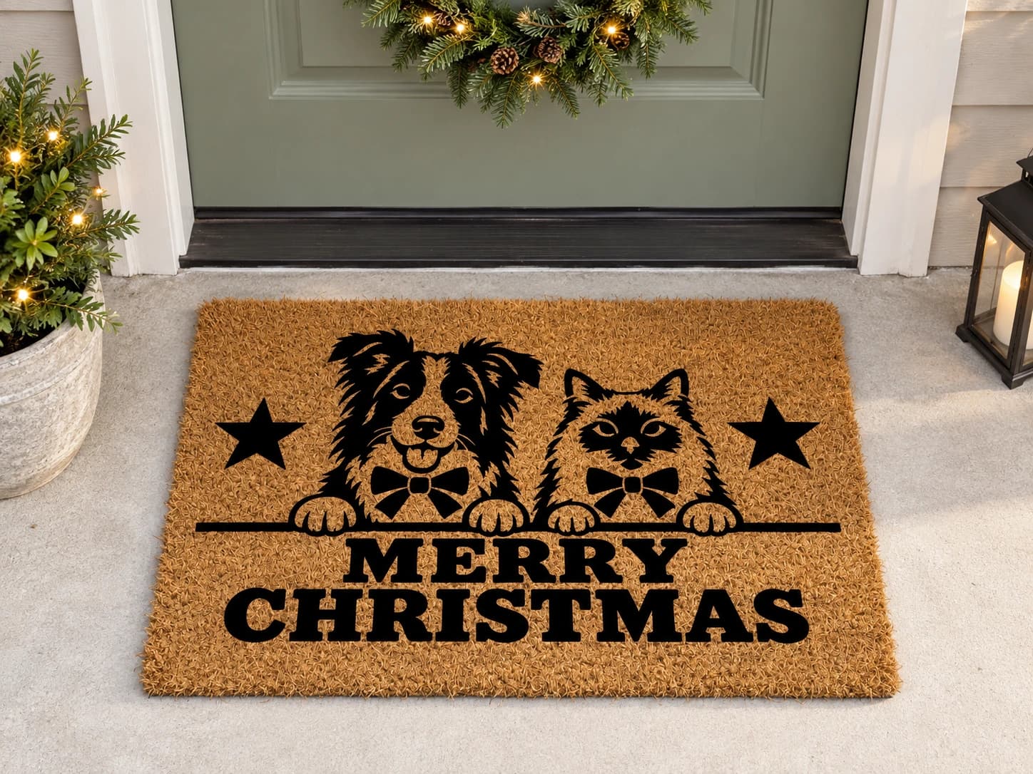 Holiday Peek coir mat outside a covered front door