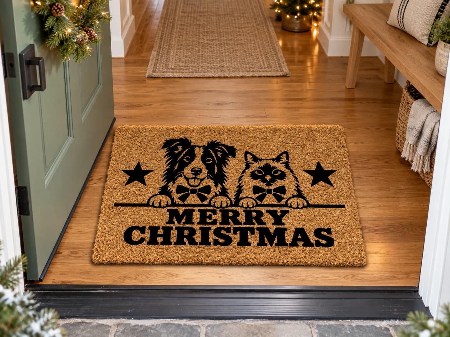 Holiday Peek coir mat on the entryway floor inside the front door