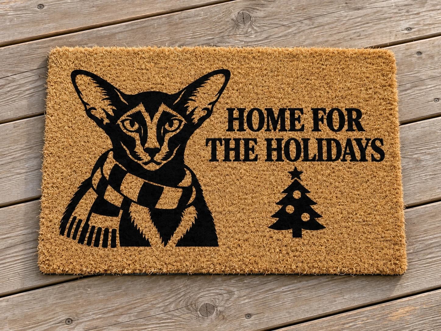 Holiday Scarf coir mat photographed in a studio