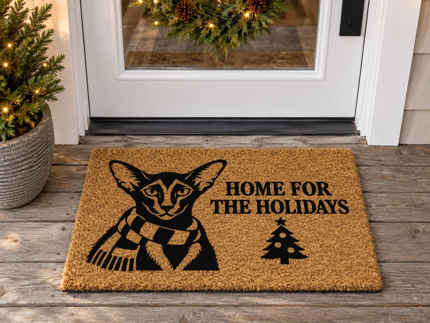 Holiday Scarf coir mat outside a covered front door