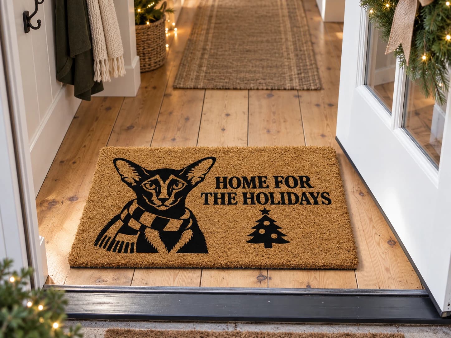 Holiday Scarf coir mat on the entryway floor inside the front door