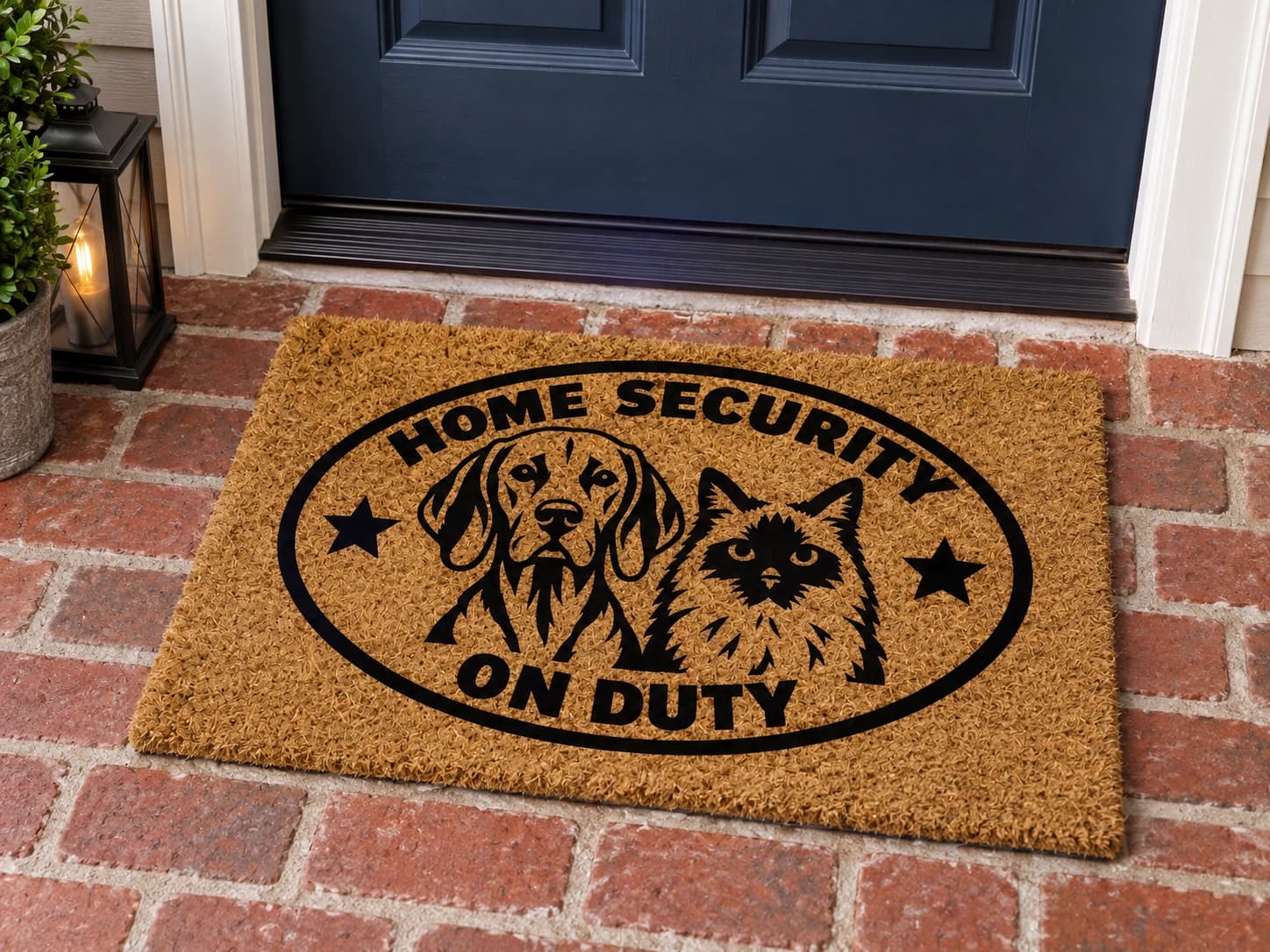 Home Security coir mat outside a covered front door