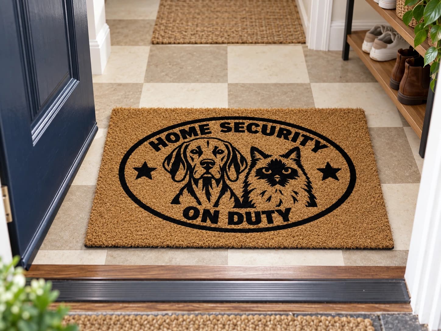 Home Security coir mat on the entryway floor inside the front door