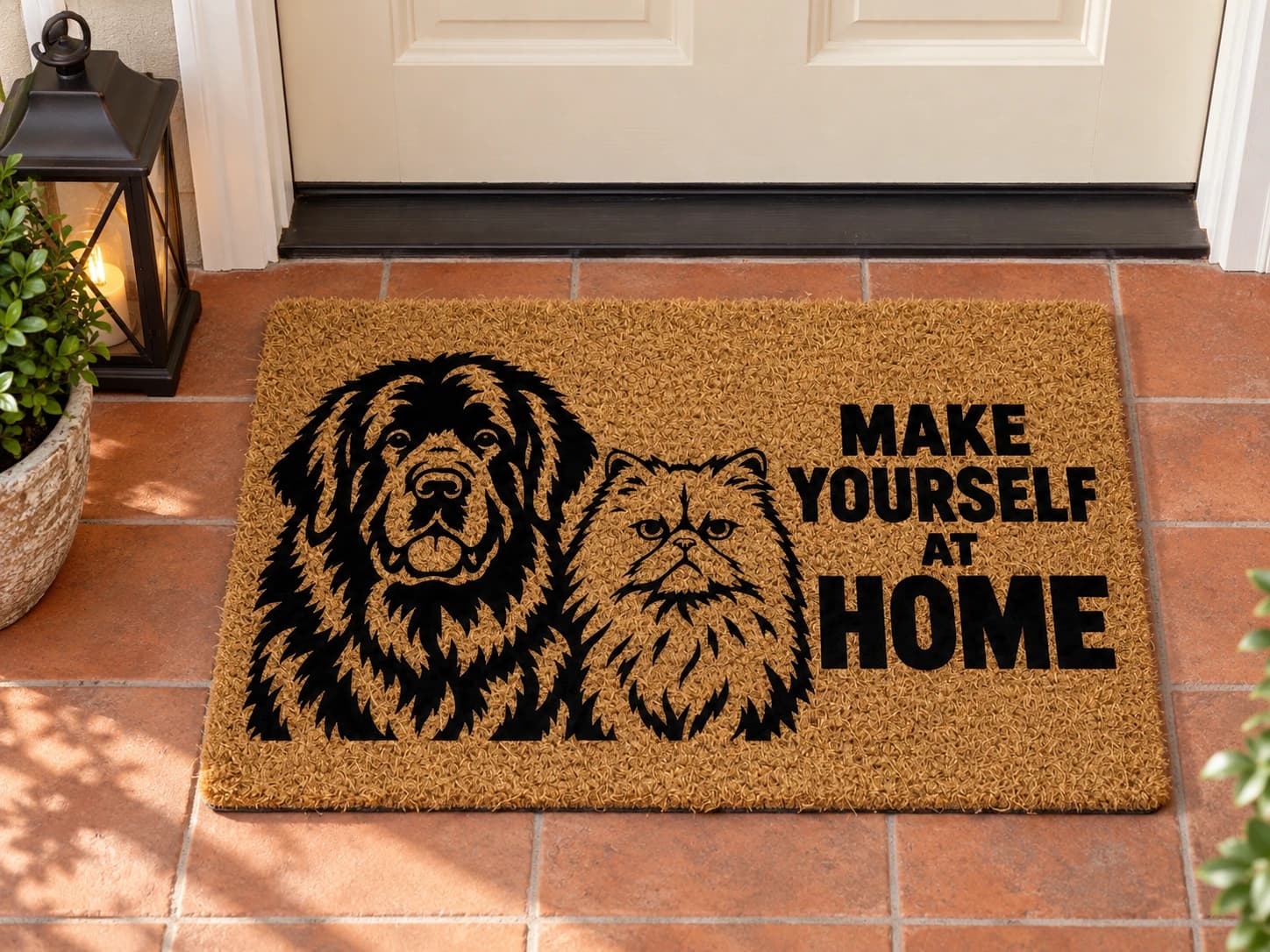 Make Yourself at Home coir mat outside a covered front door