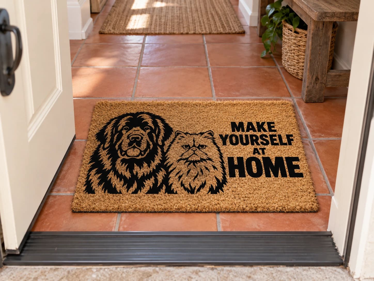 Make Yourself at Home coir mat on the entryway floor inside the front door