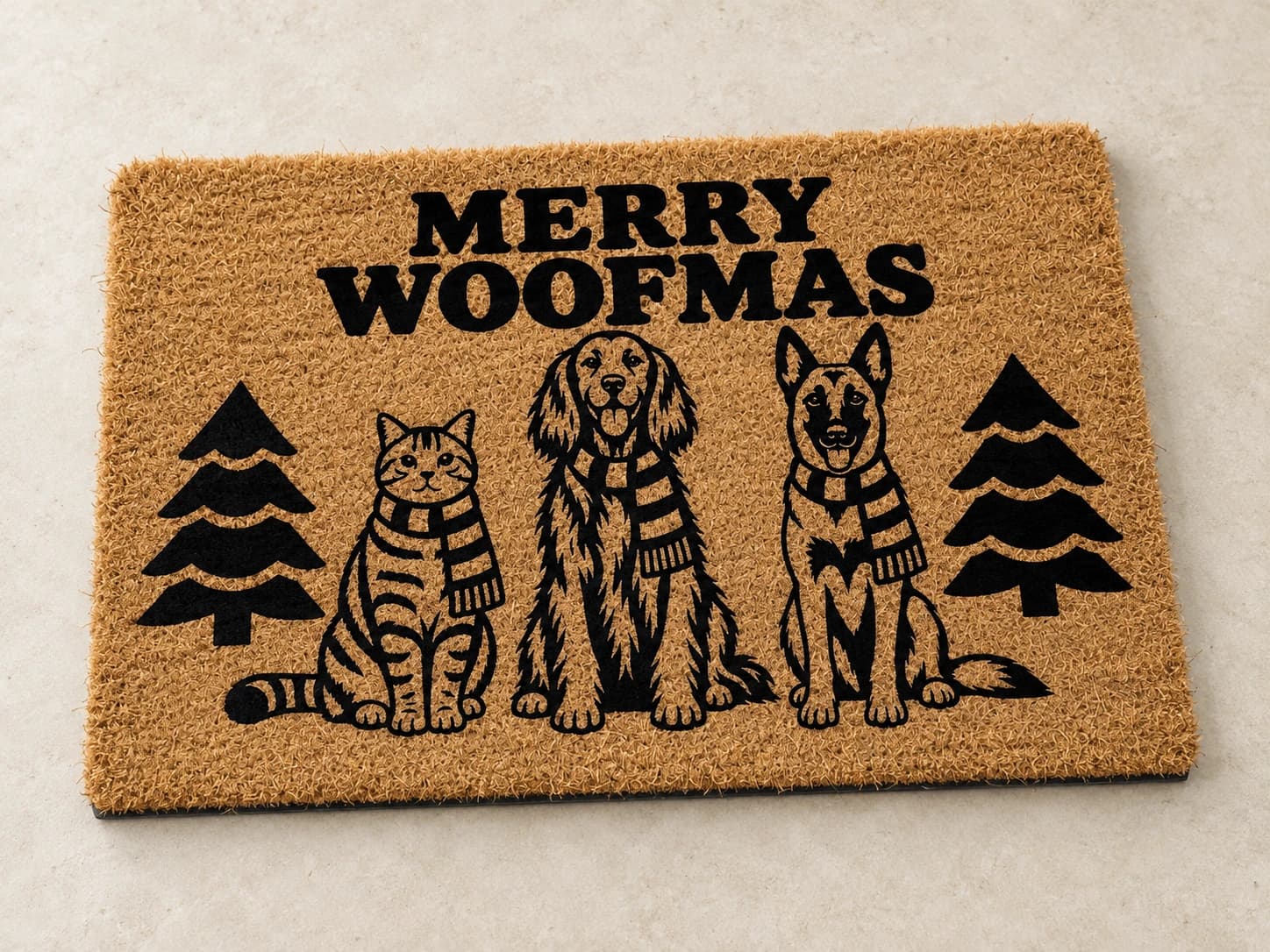 Merry Woofmas coir mat photographed in a studio