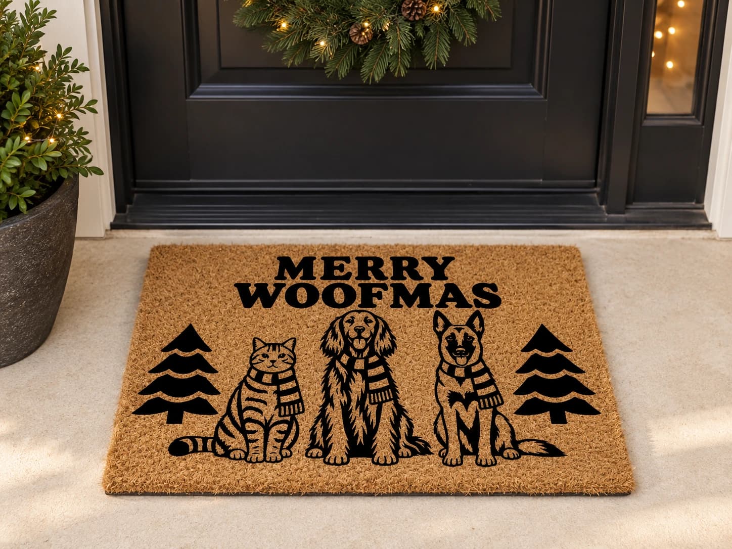 Merry Woofmas coir mat outside a covered front door