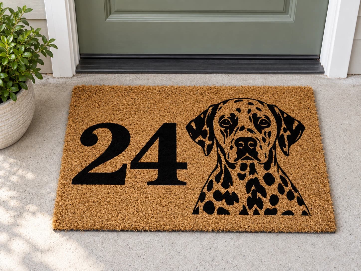 Apartment Number coir mat outside a covered front door