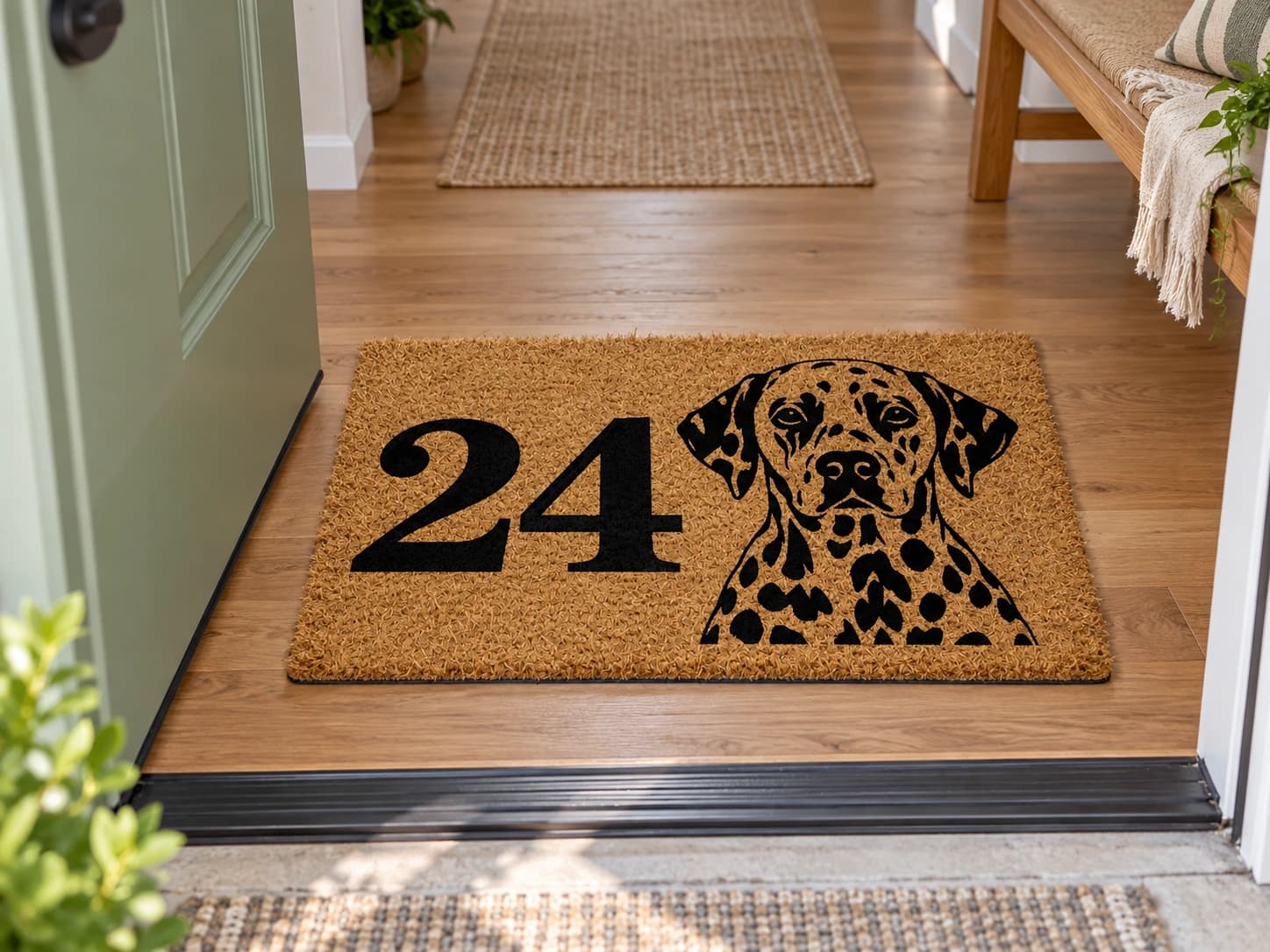 Apartment Number coir mat on the entryway floor inside the front door