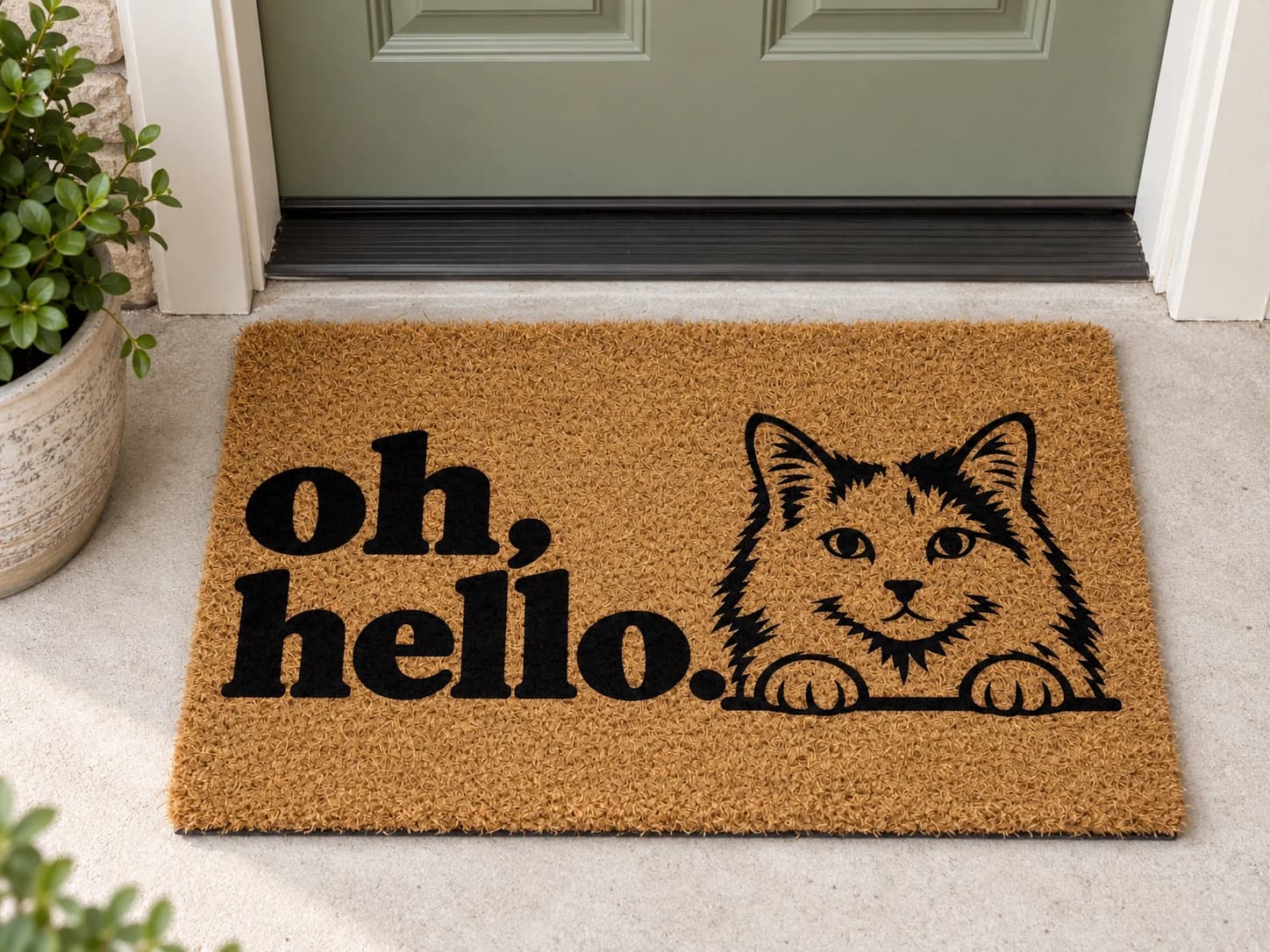 Oh Hello coir mat outside a covered front door