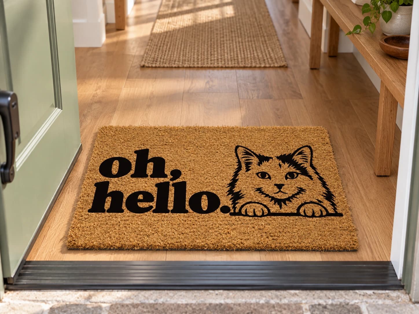 Oh Hello coir mat on the entryway floor inside the front door