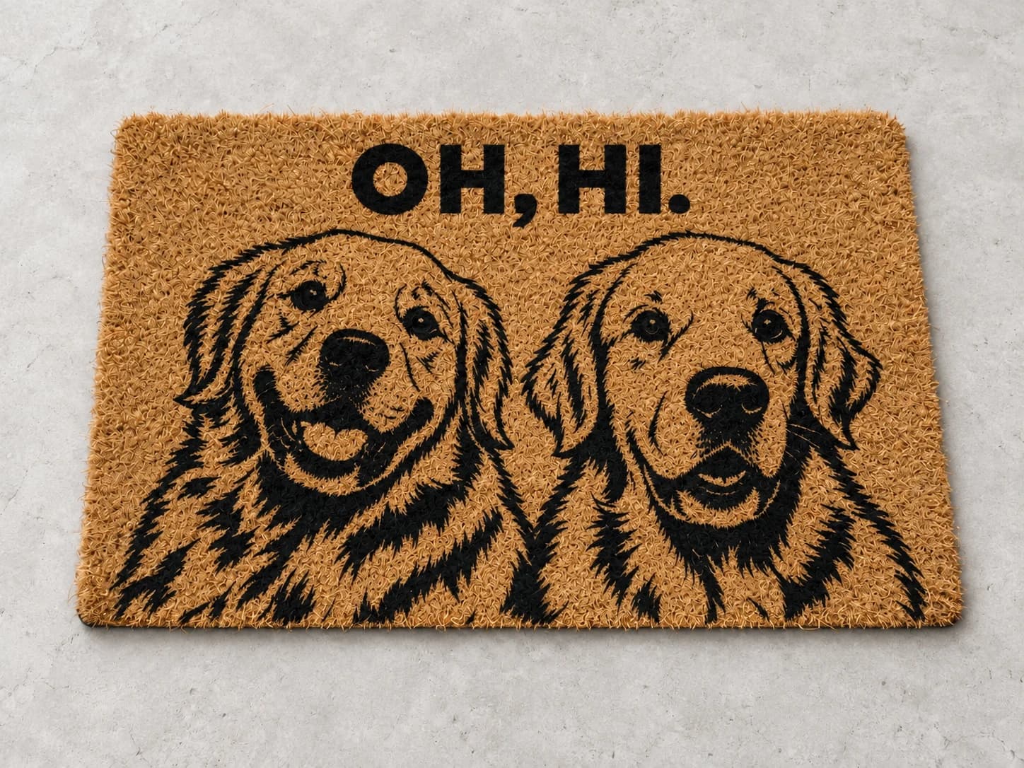 Oh, Hi. coir mat photographed in a studio